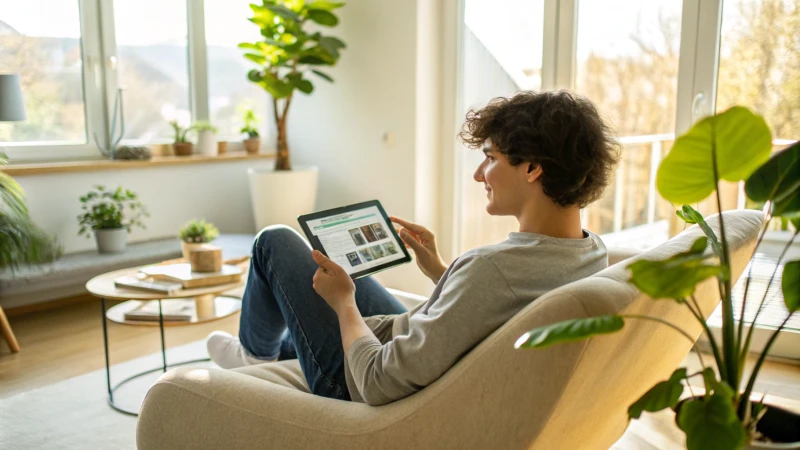 A young adult engaging with a tablet in a modern living room filled with natural light