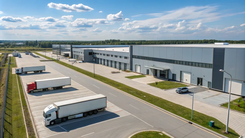 Aerial view of modern warehouse buildings with delivery trucks