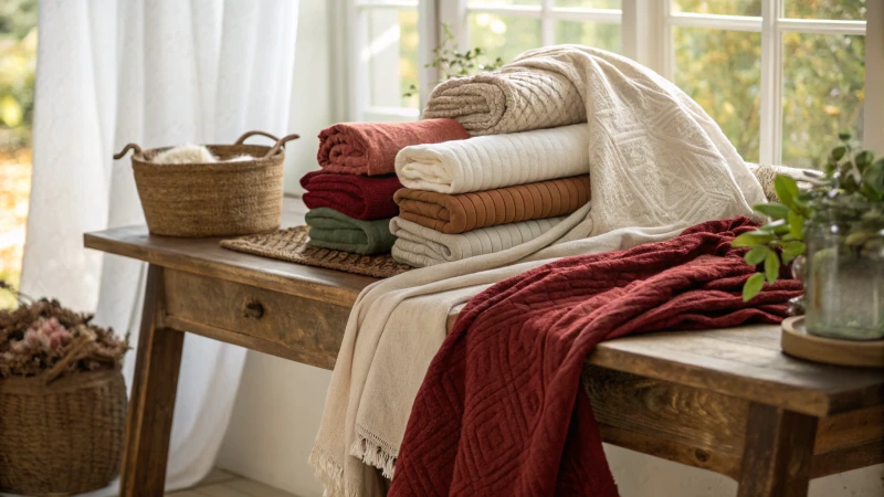 A display of various Aerie fabrics draped over a wooden table