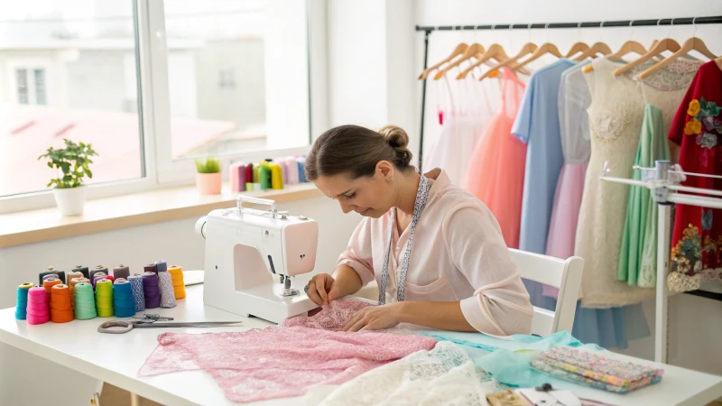 A skilled artisan sewing delicate lingerie in a bright workshop.