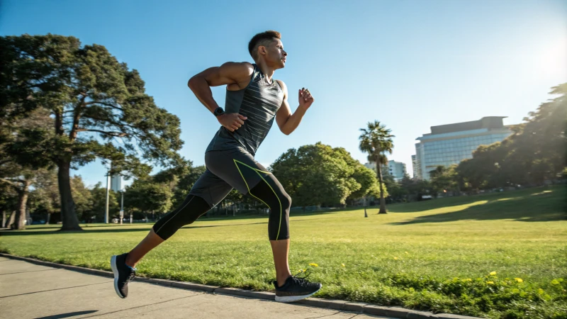 An athlete running in a sunlit park wearing modern athletic apparel.