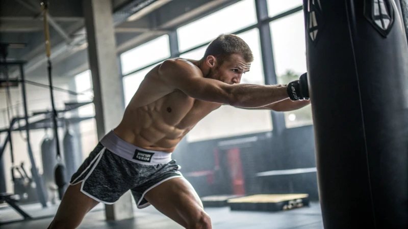 An athlete in boxer briefs working out in a gym