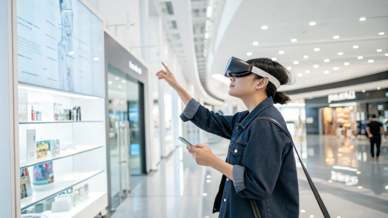 Young adult using augmented reality glasses in a modern retail space.