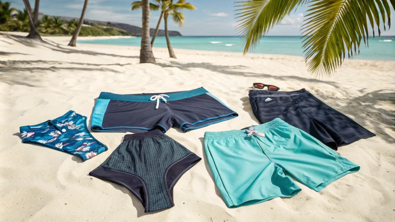 A variety of swimwear displayed on a beach