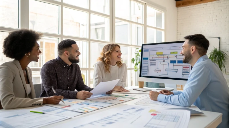 Diverse professionals collaborating in a bright office