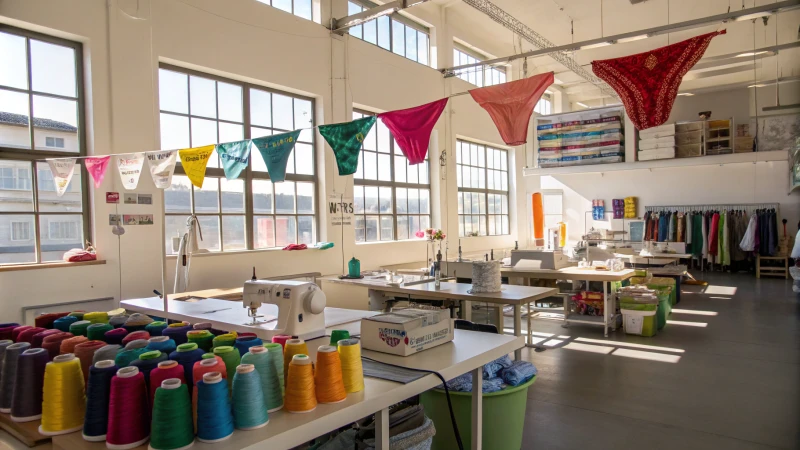 A vibrant workshop filled with colorful fabrics and sewing machines