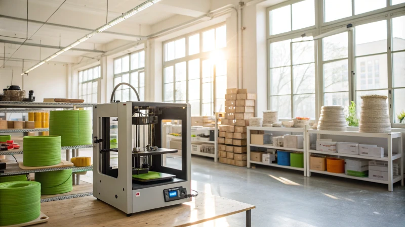 A bright workshop with a 3D printer and eco-friendly products