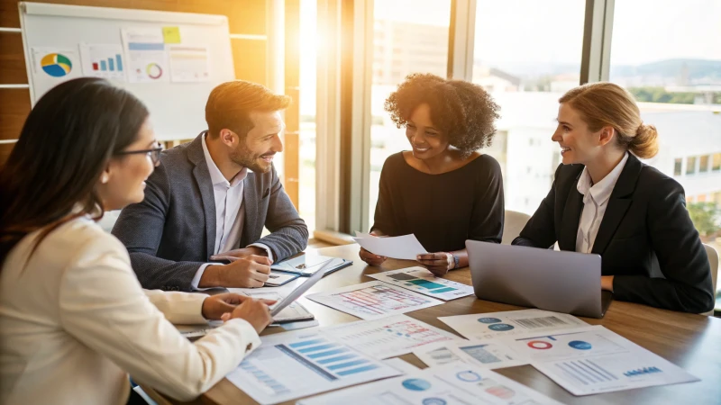 A diverse group in a business meeting around a conference table