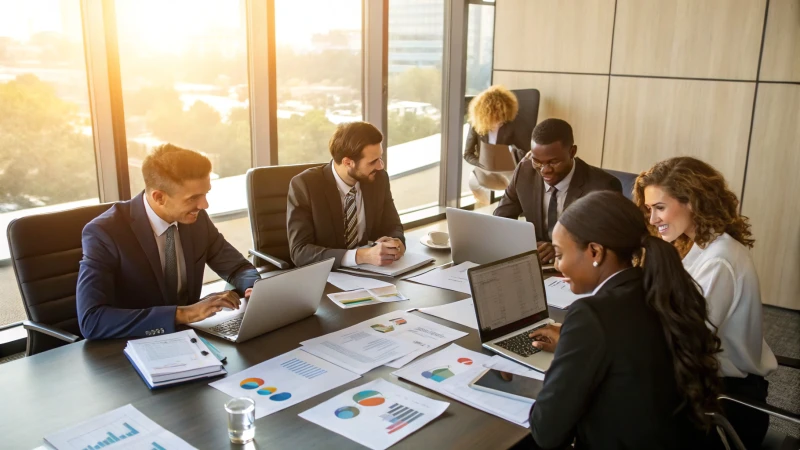 A diverse group of business professionals discussing at a conference table