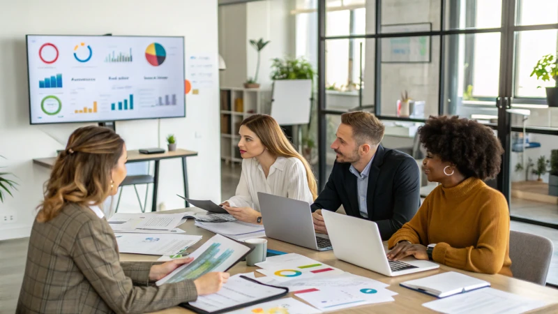 A diverse group of professionals in a modern office meeting
