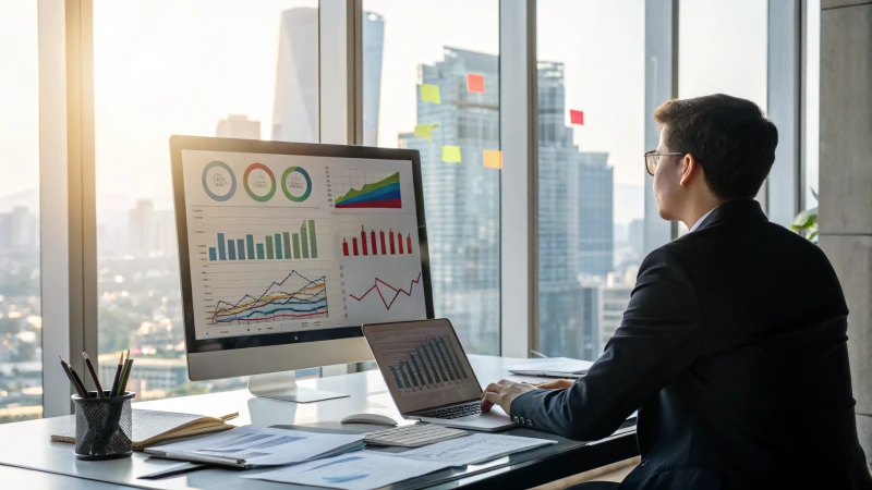 A business professional analyzing graphs on a digital screen in a modern office.