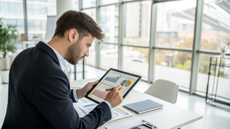 Business professional in a modern office analyzing data on a tablet