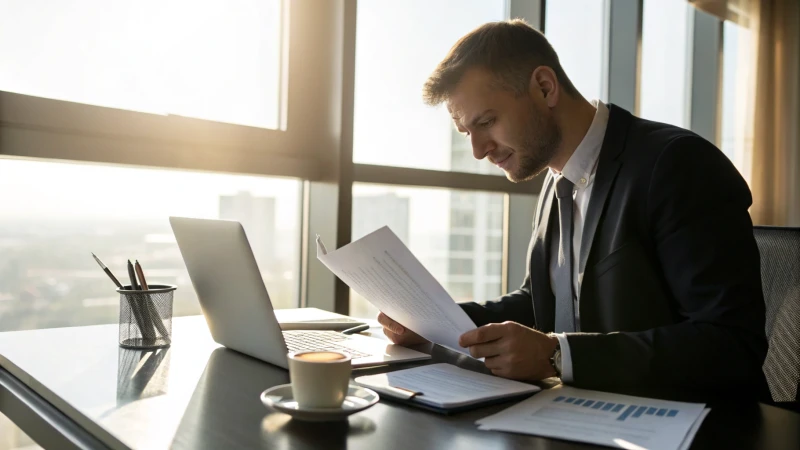 Business professional reviewing documents in a modern office