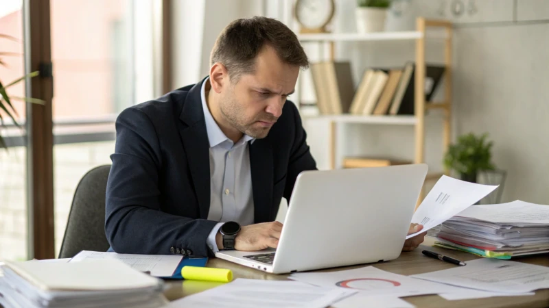 A business professional reviewing applications in a modern office