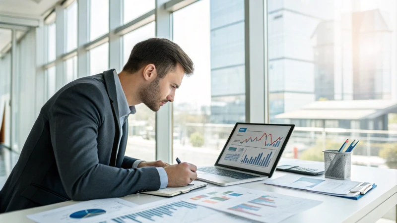Business professional analyzing financial charts in a modern office