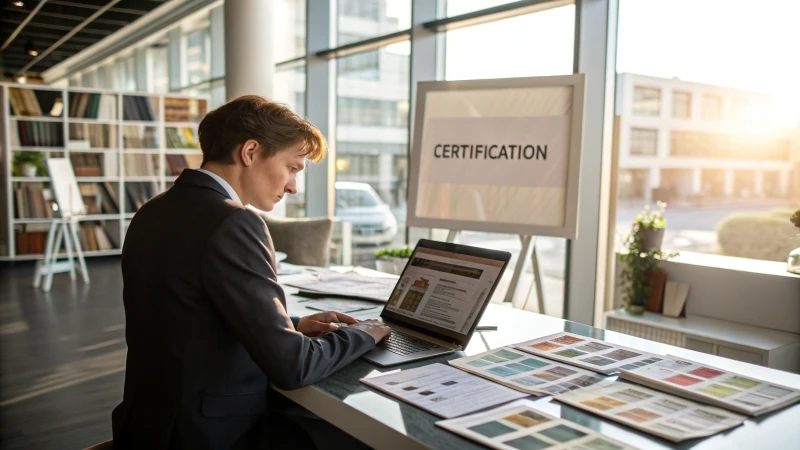 A business professional examining product samples in a contemporary office