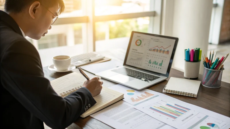 A business professional reviewing documents in a modern office