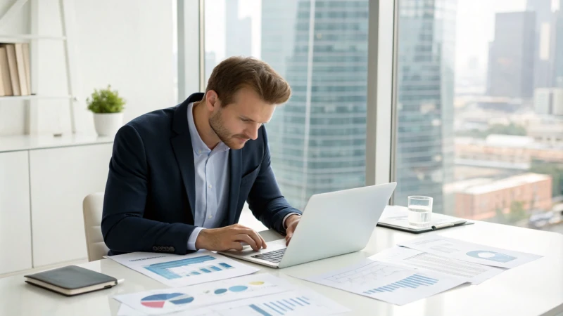 Business professional reviewing reports in a modern office