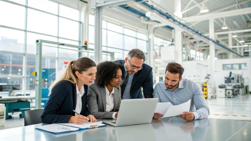Diverse business professionals in a modern factory setting reviewing reports