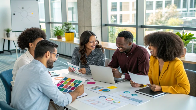 A diverse group of business professionals discussing logistics at a modern conference table.