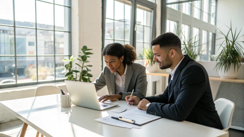 Two business professionals discussing in a modern office
