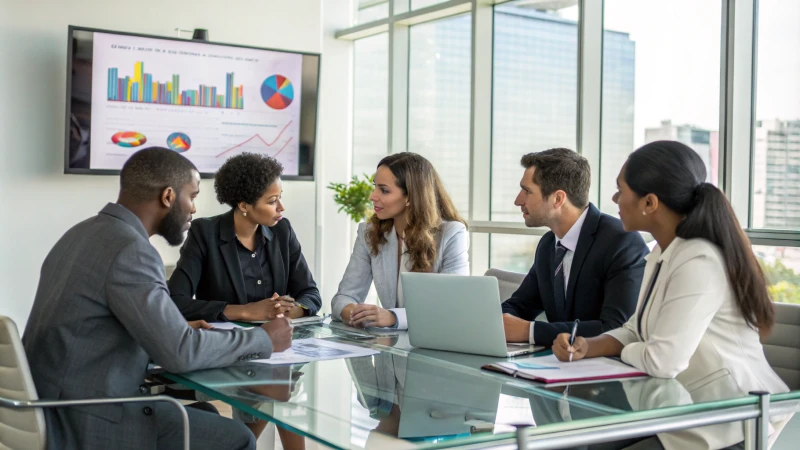 A diverse group of business professionals discussing strategies at a conference table.