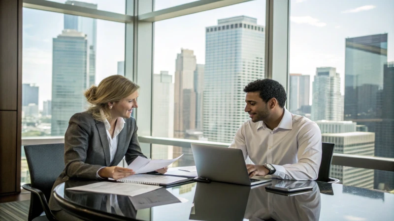 Two business professionals reviewing documents in a modern office with city skyline in the background.