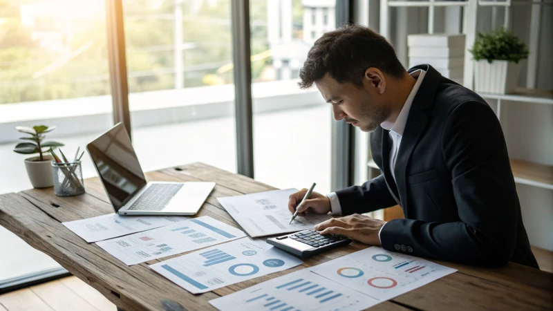 A businessman analyzing contracts in a modern office