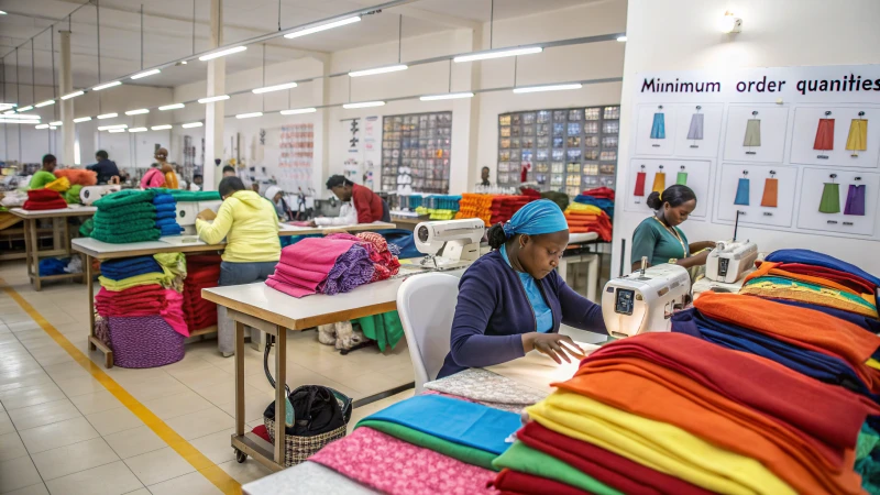 Workers at sewing machines in a clothing factory surrounded by fabric rolls