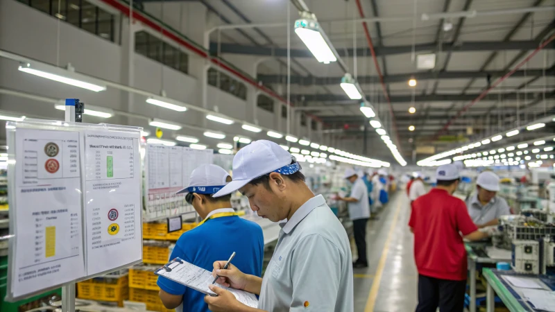 Workers in a factory engaged in quality control tasks