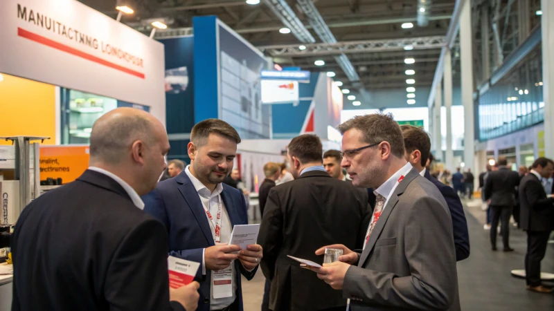 A busy manufacturing conference with professionals exchanging ideas and business cards.