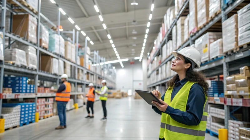 A busy warehouse with employees using tablets among organized shelves.