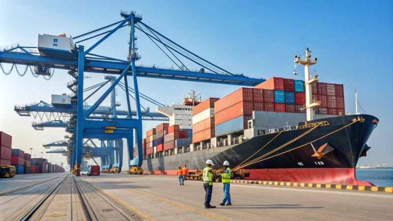 A bustling port scene with a cargo ship and cranes