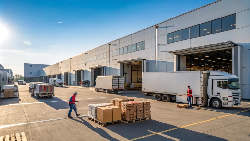A busy distribution hub with delivery trucks and employees working.