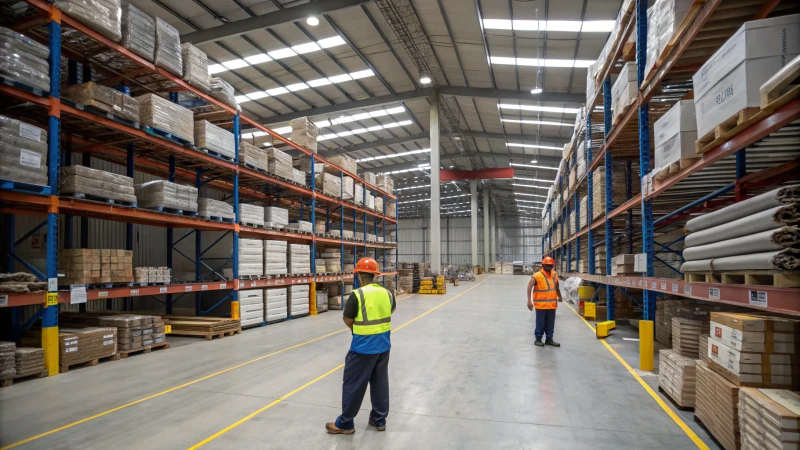 Interior of a busy industrial factory with organized shelves and workers