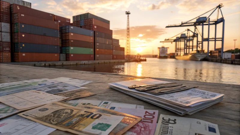 A busy shipping port with stacked containers and customs documents