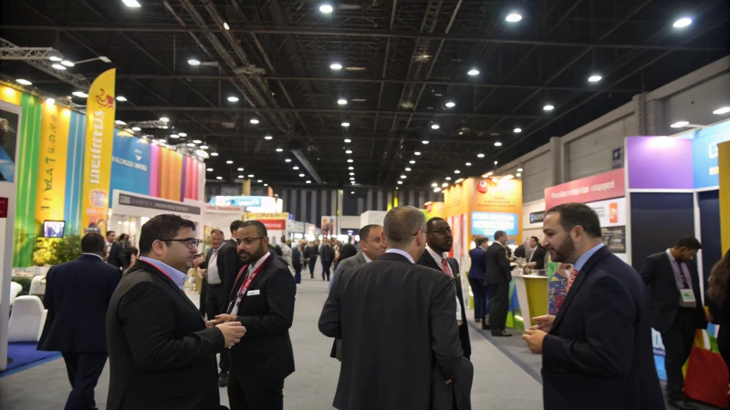 A bustling trade show with various booths and business professionals
