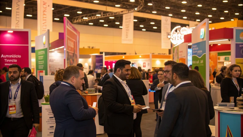 A busy trade show with diverse professionals networking