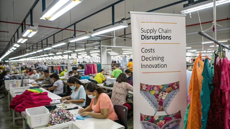 Workers in a factory assembling underwear with colorful fabrics.