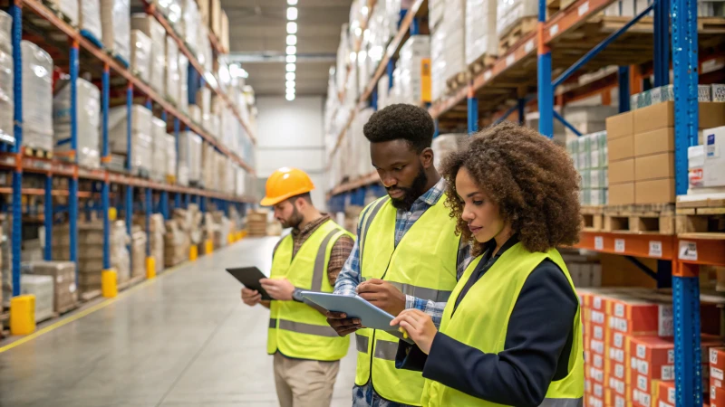A busy warehouse with quality control inspectors checking products