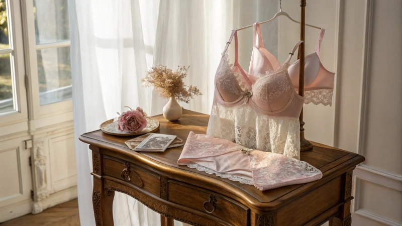 Elegant display of Chantelle lingerie on a vintage wooden table