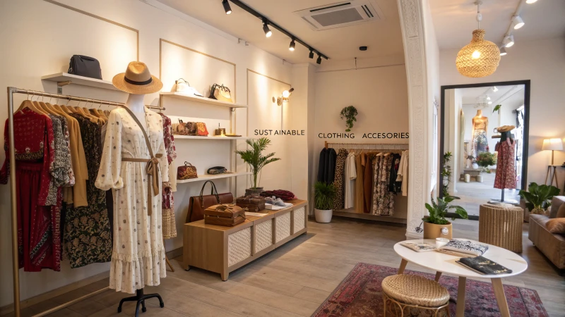 Interior of a chic boutique with fashionable clothing and accessories