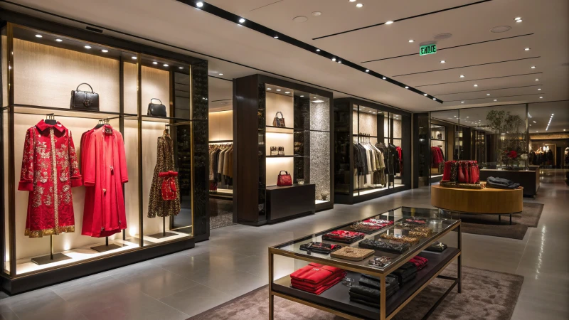 Chic fashion boutique interior showcasing luxury clothing and accessories