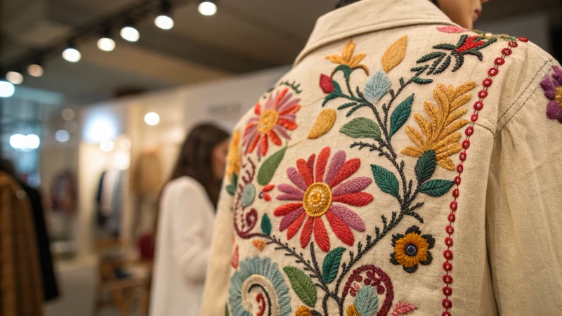 Close-up of vibrant embroidered floral patterns on sustainable fabric