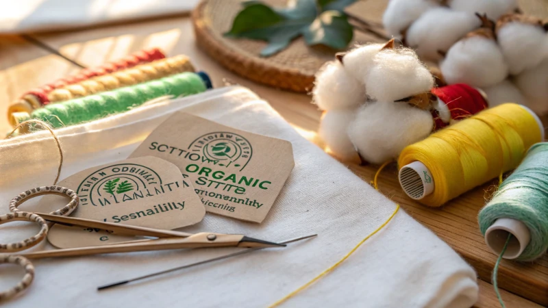 Close-up of organic cotton fibers with sewing tools