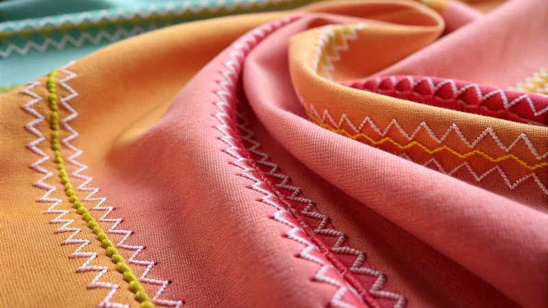 Close-up of vibrant stretch fabric with various stitching techniques