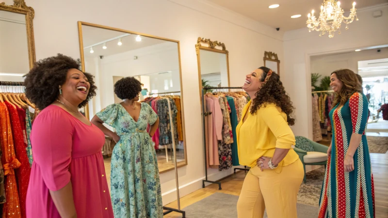 Diverse women trying on outfits in a boutique