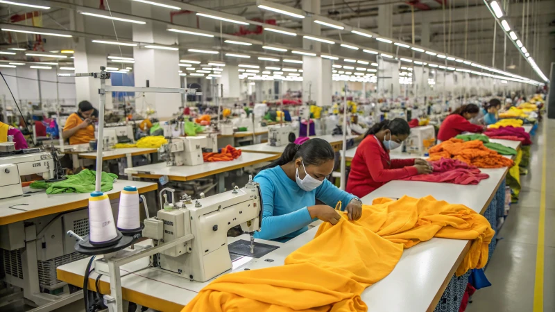 Workers sewing garments in a clothing manufacturing facility