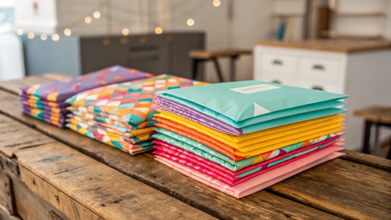 A collection of colorful poly mailers stacked on a wooden table