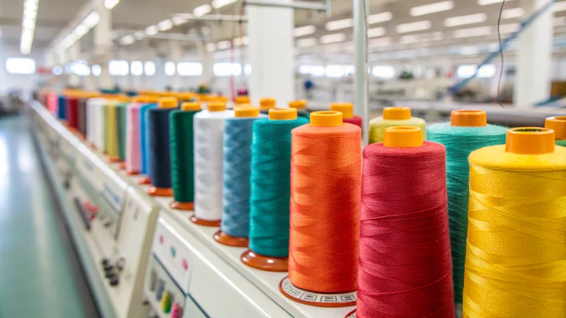 Close-up of vibrant textile thread spools in a factory
